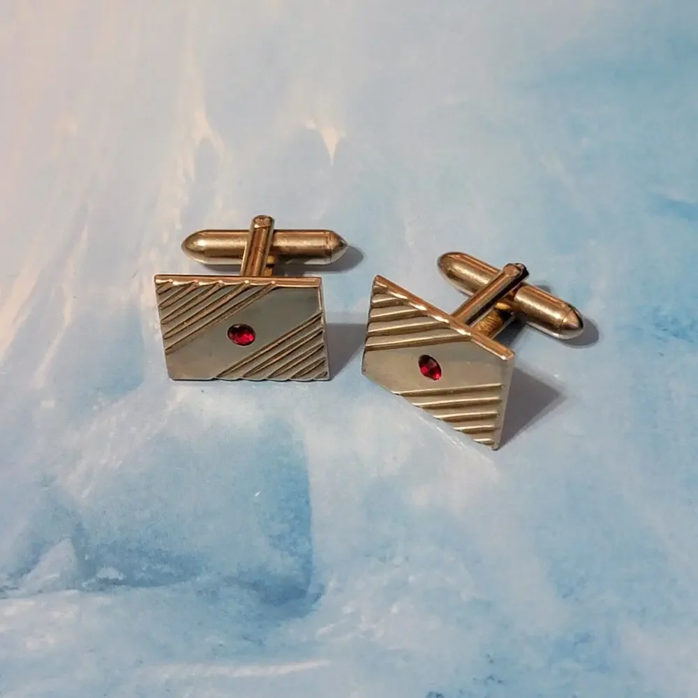 Vintage‎ Swank Gold-tone & Red Rhinestone Rectangular Cufflinks- Mid-century cl-